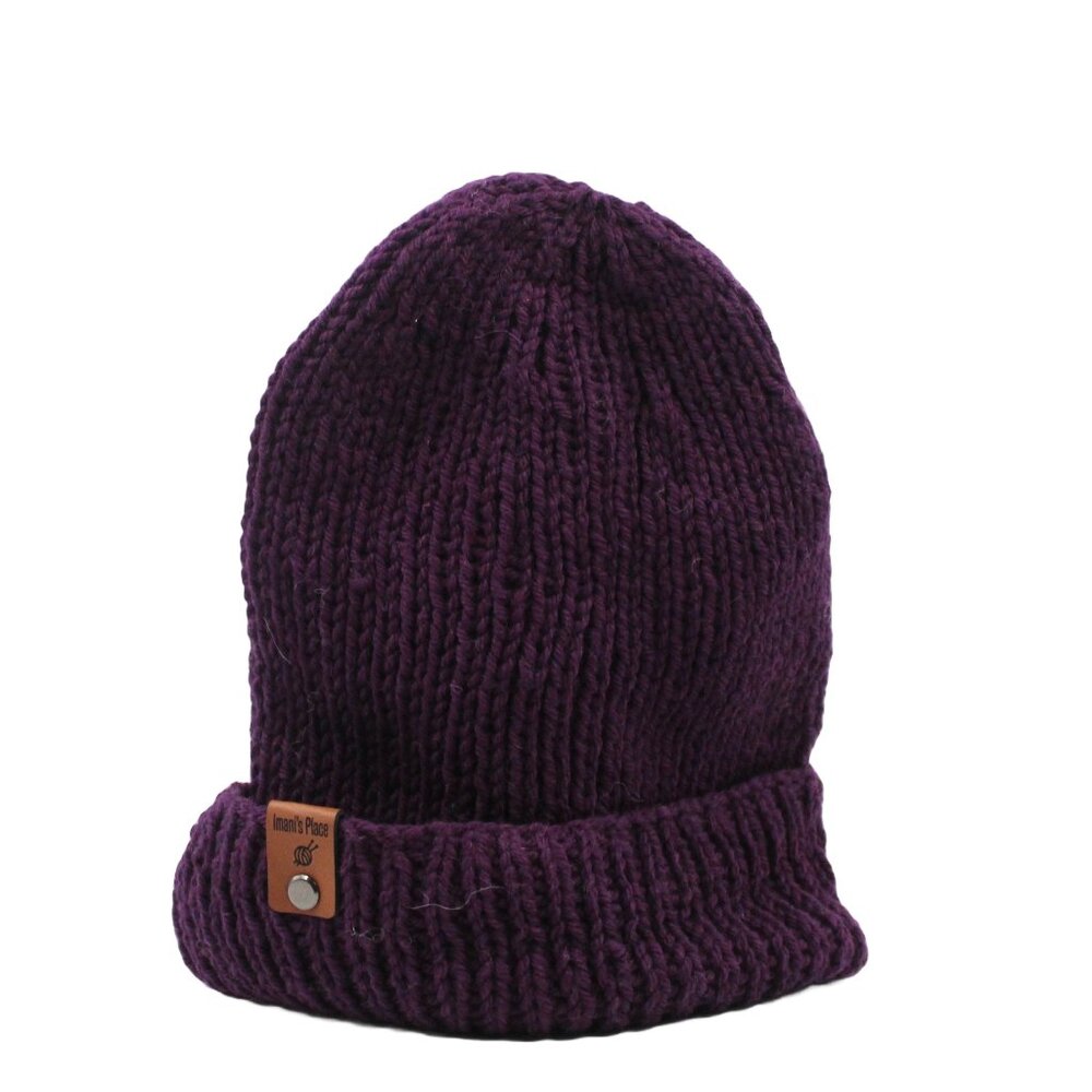Handmade Hand Knit Eggplant Dark Purple Superwash Wool Ribbed Knit Beanie Hat